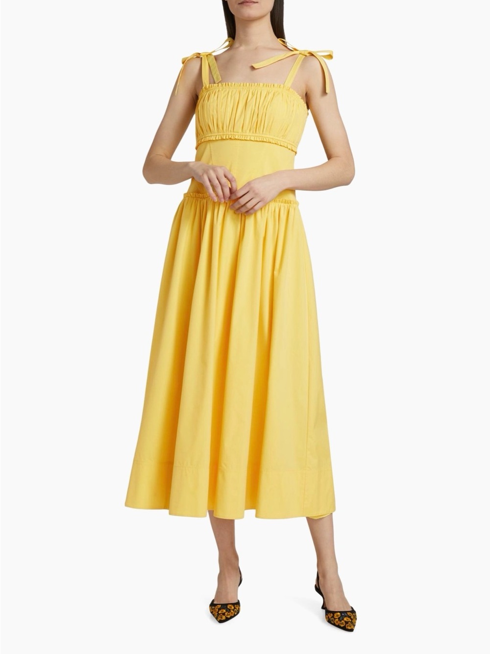cinq a sept Sunny Yellow Tie-Shoulder Smocked Midi Dress